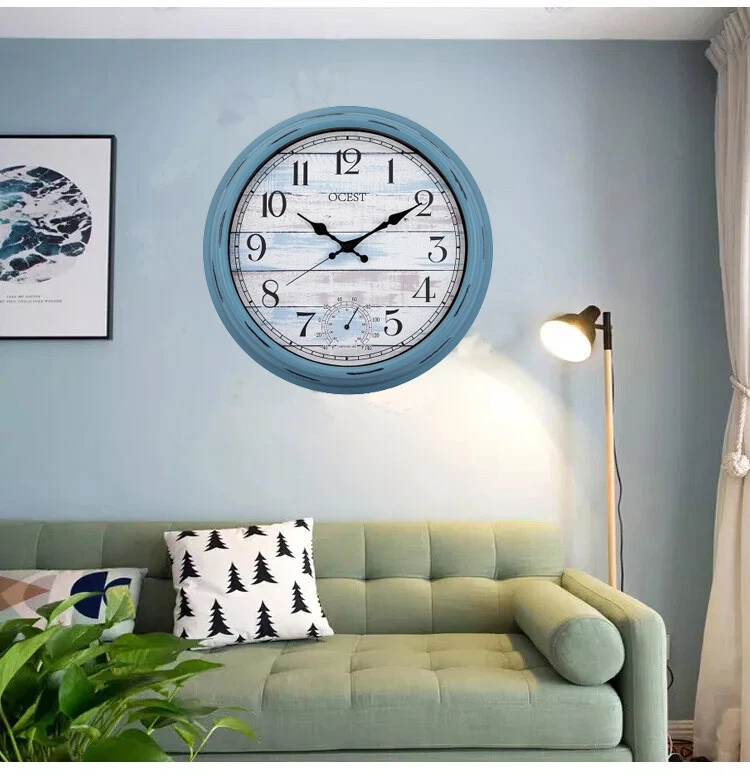 Reloj Exterior Grande 16 Pulgadas Impermeable con Termómetro Relojes de Pared Retro, Azul Foto 2 de 4