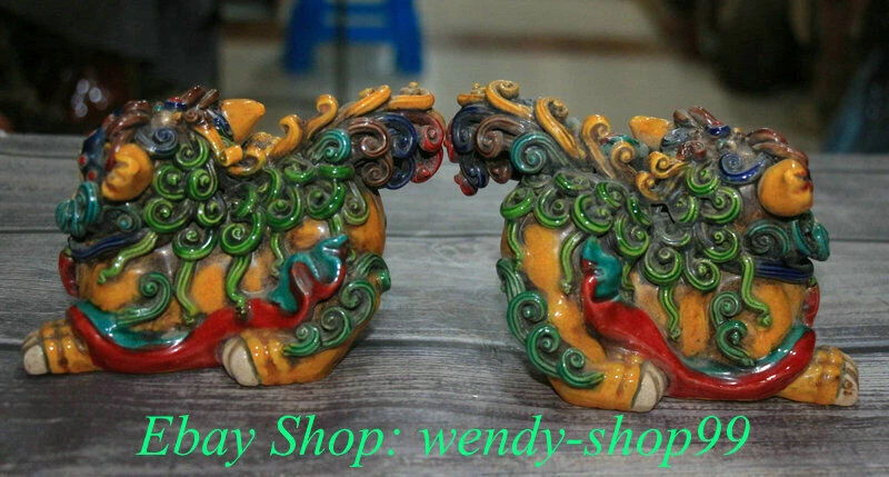 Par de estatua de león guardián perro foo fu porcelana china antigua Wucai de 5,9" Foto 3 de 3