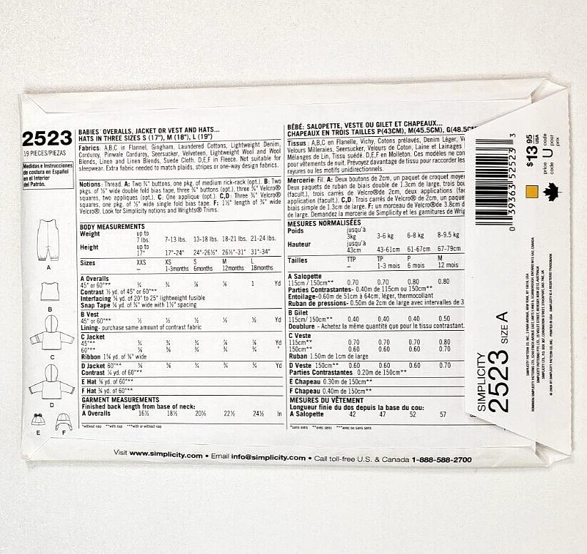 Simplicity 2523 Sewing Pattern Babies Overalls, Jacket or Vest & Hats Size XXS-L - Image 2 of 3