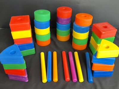 32 Vintage Fisher Price Creative Blocks Colorful Shapes & 7 Plastic Dowels