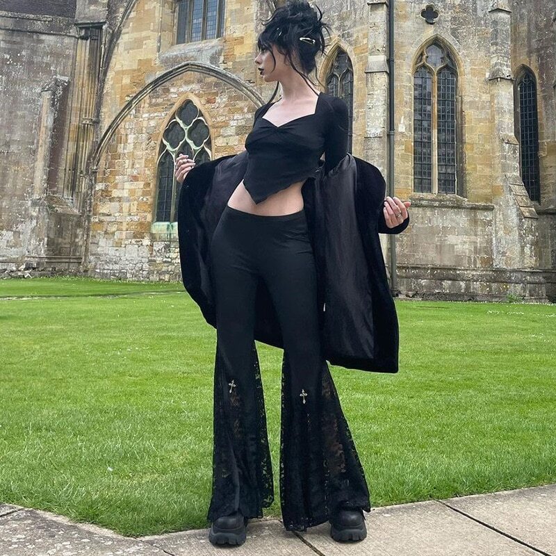Flare Pants Sexy Black Lace Patchwork High Waist Hippie Punk Y2k