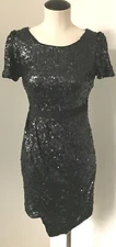 MM COUTURE BY MISS ME AMAZING SEQUIN DRESS S-SLEEVE FAUX WRAP SKIRT SHEER BACK S