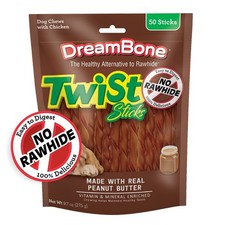 Rawhide-Free Twist Sticks Dog Chews with Real Peanut Butter Flavor 50 Count Pack