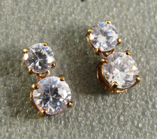 14K GOLD PLATE Sterling Silver DAINTY CLEAR CZ DANGLE EARRINGS Double Stone Drop