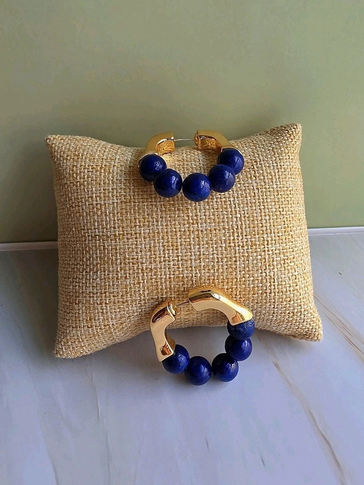 Lapis Lazuli女士耳环18k黄金复古皇家蓝色生日礼物  — 第 2/4 张图片