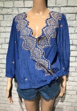Figueroa  Flower, L, Blue/Brown Embroidery 3/4 Sleeve Blouse Tunic Top, Boho
