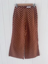 Faithfull The Brand Linen Wide Leg Pants Size 6 Brown White Polka Dot Pockets