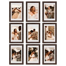 Picture Frame Set of 9, Display Pictures 3.5x5 with Mat or without 4x6 Brown