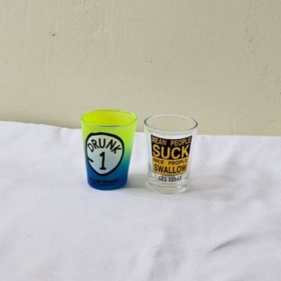 lot of 2 shot glasses, Ocean Shores 'Drunk 1' & 'Mean People Suck'