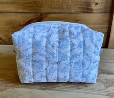 Blue  White Quilted Fabric Makeup Bag Medium 