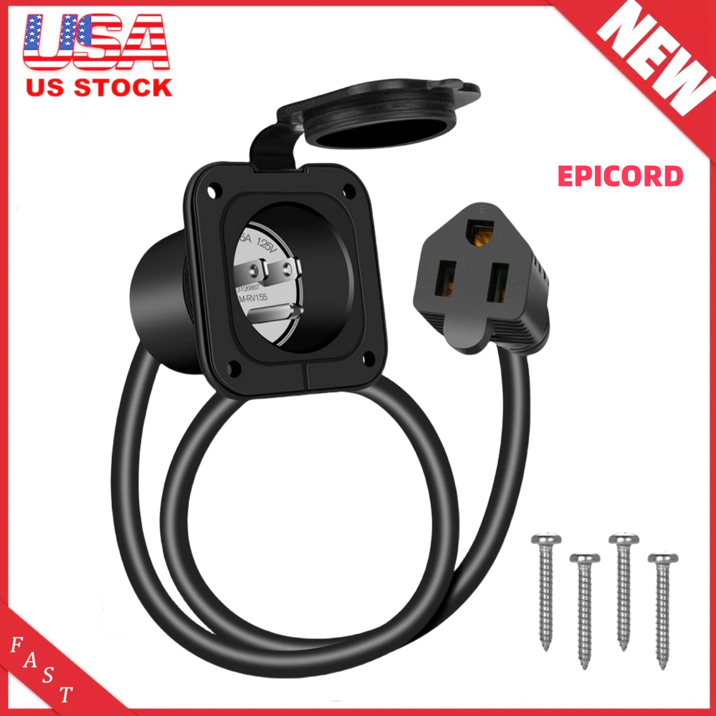 15 Amp Flanged Inlet 125V NEMA 5-15 RV Shore Power Inlet Plug Port Waterproof