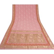 Sanskriti Vintage Pink Sarees Pure Silk Handloom Hand Beaded Sari 5 Yd Fabric