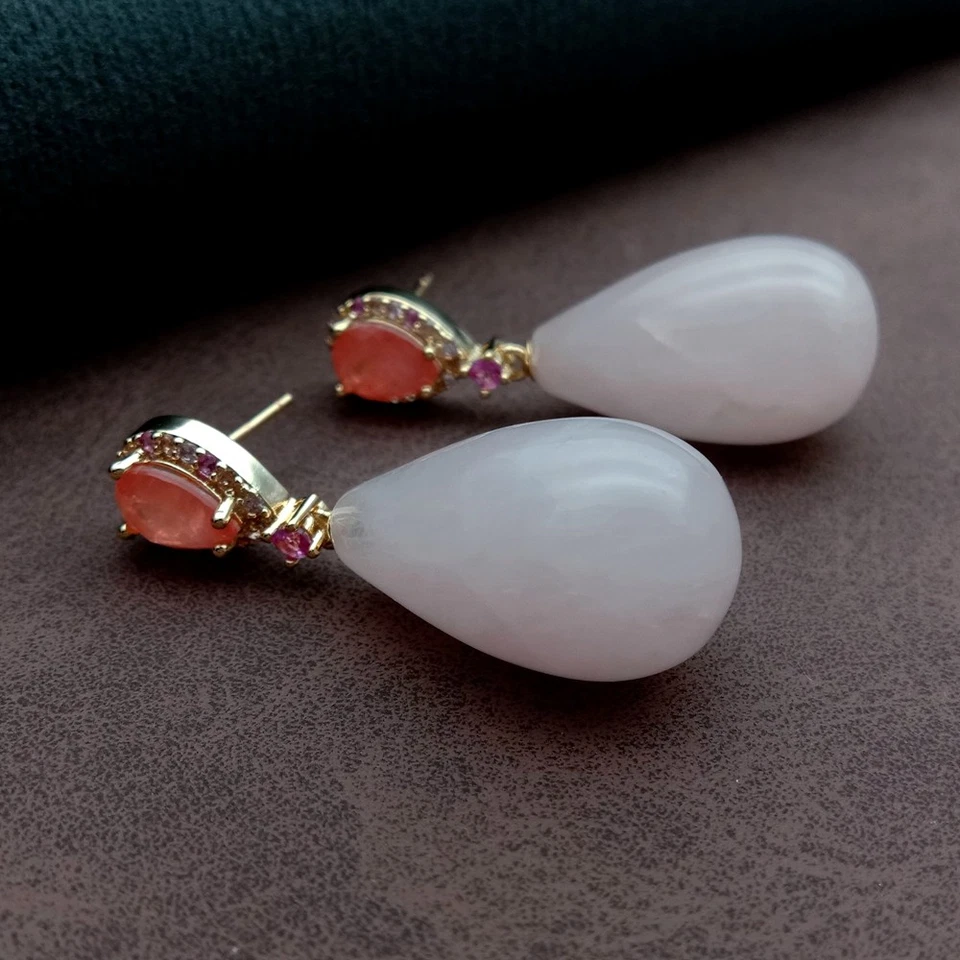 Rose Quartz Orange Crystal Stud Dangle Holiday Earrings Elegant Jewelry Gifts - Image 2 of 4