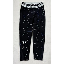 Under Armour Kids HeatGear Logo Print Leggings Black Teal Blue YMD JM M
