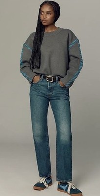 English Factory Women's Sz S Whip Contrast Stitch Gray Blue Pullover Sweater