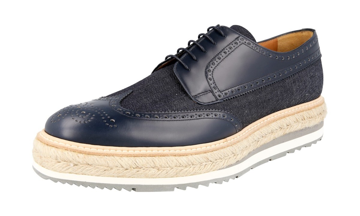 PRADA MEN\'S BLUE LEATHER LACE UP SHOES SIZE US 10 Prada Platform Navy Blue Brogue Patent Leather Bows Sneakers  main image 3