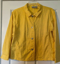 CHICO S Jacket Size 3 Yellow Embroidered Floral Button Front Collar Sleeve