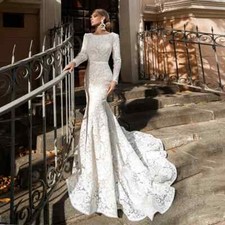 Lace Mermaid Wedding Dresses Bateau Neck Long Sleeves Illusion Back with Buttons