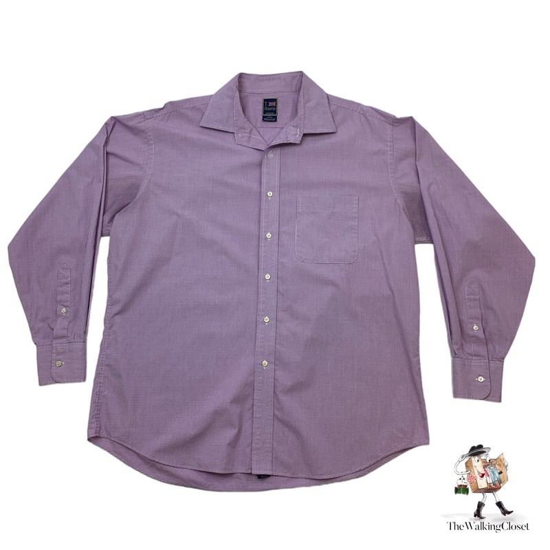T. Harris London Dress Shirt Polo Mens 17 Purple White Gingham Plaid 100 Cotton