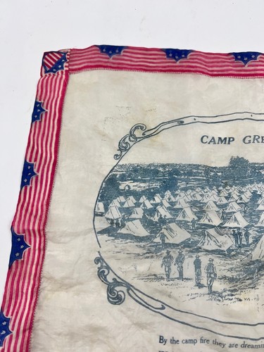 WWI CAMP GREETINGS Silk Handkerchief Flag Star Border w / Poem - Antique - Picture 5 of 12