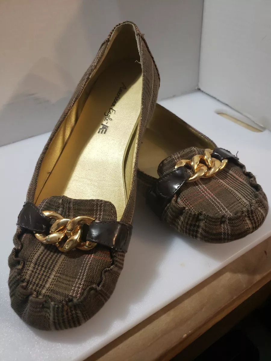 AMERICAN EAGLE AE Womens Loafers Shoes Size 8 Gold Chain Brown Plaid Casual