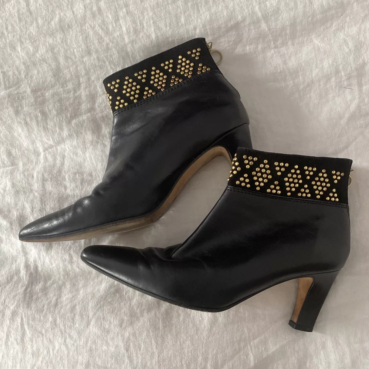 Christiane Perez Black Leather Ankle Boots Gold Bling Ladies Size 7