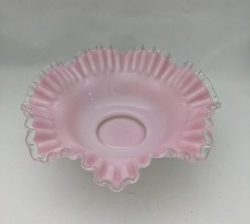 Vintage Fenton Pink Milk Glass and Clear Crest Ruffled Edge Bowl, Bridal Basket