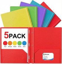 Plastic Pocket Folders with Prongs, Heavy Duty 2 Pocket Poly Folder Set, 5 Pack
