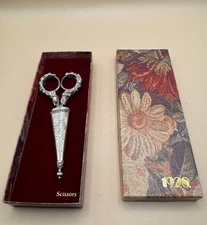 Silver 1928 Gift Accessory Co. Scissors with Sheath in Box Buttons Bows Sew