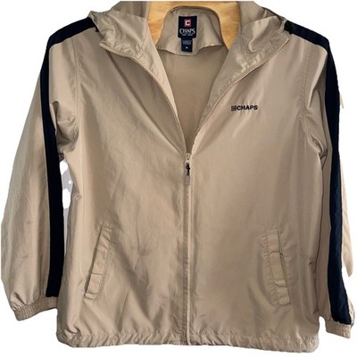 Chaps Men's Tan/Blue Stripe Hooded Packable Windbreaker Zip Up Jacket Unlined M