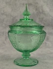VINTAGE GREEN GLASS ANCHOR HOCKING PRINCESS PATTERN LIDDED PEDESTAL CANDY DISH
