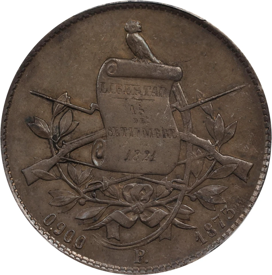 Guatemala: 1 Peso, 1873-P. Nueva Guatemala Mint. PCGS AU-55! Nicely Toned. - Image 2 of 4