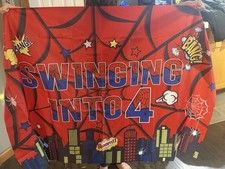 Swinging Into 4 Spider Web Superhero Fabric Birthday Party Backdrop Banner