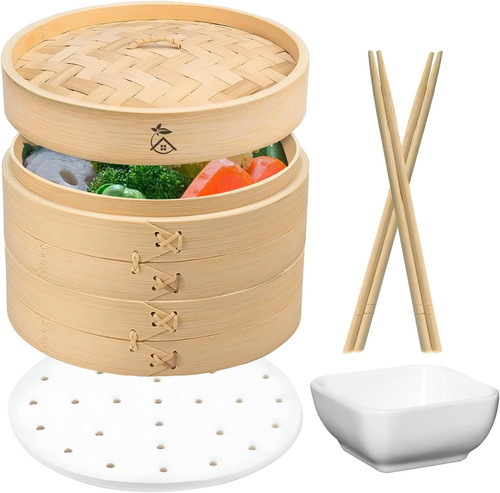 10-inch Bamboo Steamer - 2-Tier Basket with One Lid, Natural