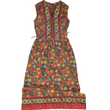 1960s Liberty Circle Red Paisley Mod Shift Midi Dress V-Neck Sleeveless Sz10 VTG