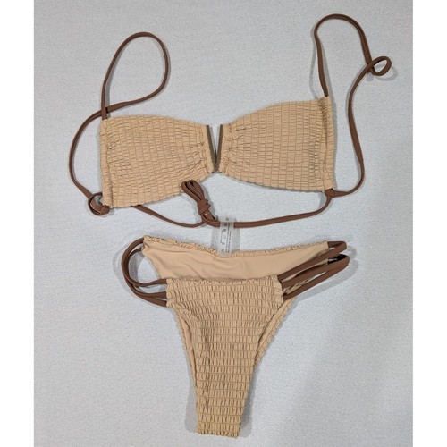 Bikini Set Women XS Tan Brown Smocked V-Wire High Leg Two Piece Swimsuit