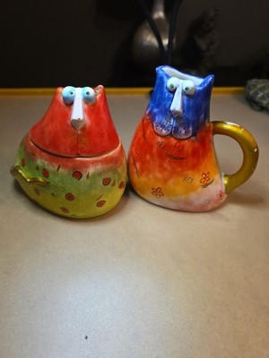 Vintage Joy Cat Cream and Sugar bowls Colorful Hand-Painted Ceramic Studio Desig