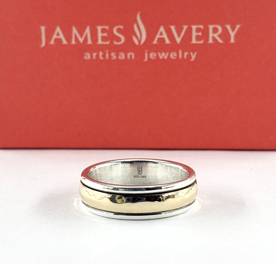 Anillo de boda James Avery oro 14K plata esterlina para hombre talla 9 martillado dos tonos