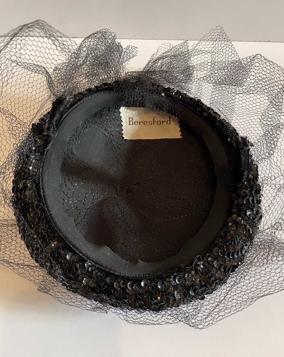 Vintage‎ 1950s Beresford Black Pillbox Hat with Jewel-Tone Velvet Flowers & Veil VTG 50s Beresford Black Velvet Pillbox Satin Bow Cocktail  main image 4