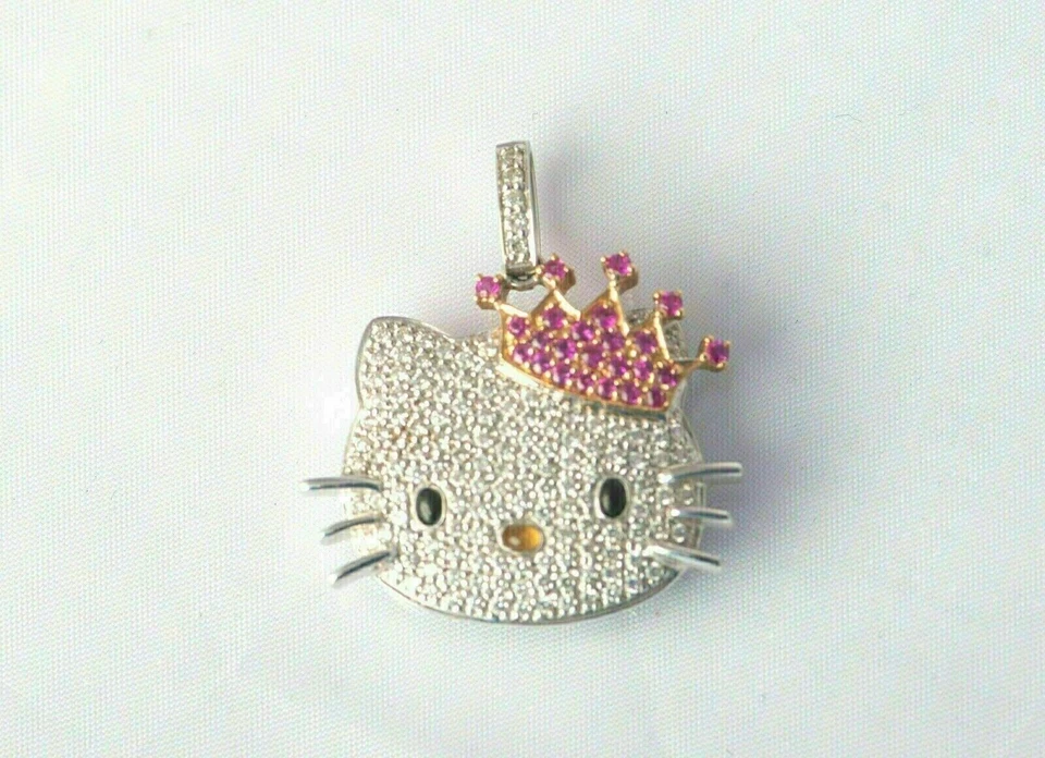 14K 白金饰面 2 克拉圆形切割实验室钻石“Hello Kitty”吊坠 — 第 3/3 张图片