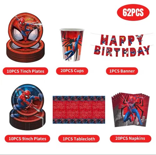KIT ADDOBBI FESTA COMPLEANNO SPIDERMAN 62 Pz. PERSONE PIATTI BICCHIERI - Imagen 3 de 3