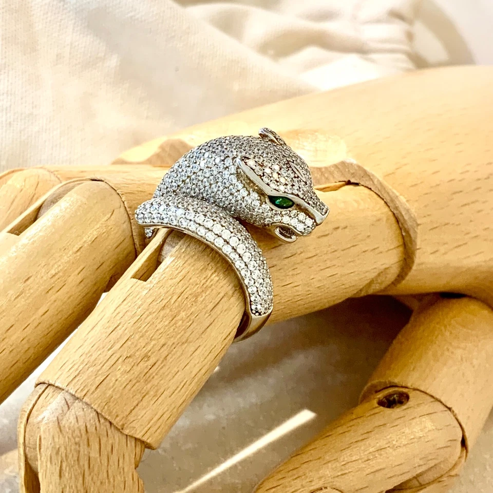 7码白金镀925银声明粗豹绿色眼睛戒指  — 第 3/4 张图片