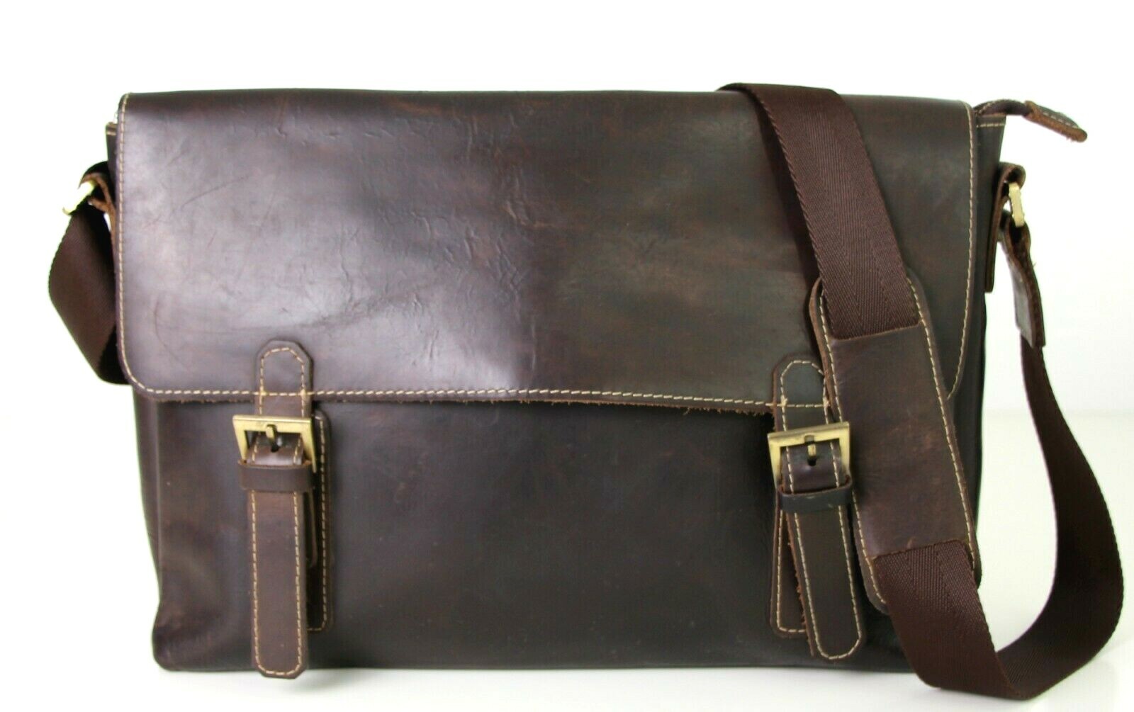 VOCHIC BROWN GENUINE LEATHER FLAP STITCH SHOULDER BAG LAPTOP