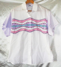 Roper Western Womens Sz XL White Button Purple Sleeve Blouse Shirt Made in USA