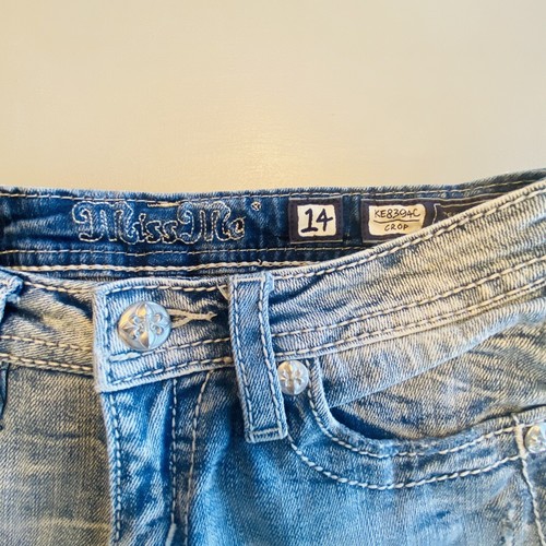 Miss Me Blue Jeans Crop Capri KE8394C Youth Girls Size 14 Silver Stitch Jewels - Picture 2 of 8