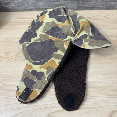 Vintage Trapper Hat Large Brown Camo Canvas Sherpa Lined Hunting Outdoors