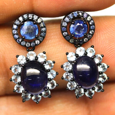 925 Sterling Silber 7 X 9 Mm. Blaue Saphir & Himmelblaue Topas Ohrringe - Bild 1 von 4