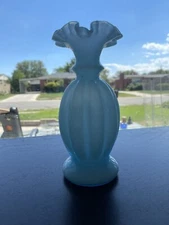 Vintage Fenton Light Blue Overlay Ruffled 8.25" Melon Vase Excellent Condition