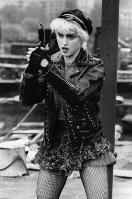 Who'S That Girl Madonna In Leather Jacket Holding Gun 18x24 Poster