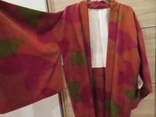 VTG Kimono Haori Japanese Open Robe Jacket Rust Wine Olive Jacquard Beautiful